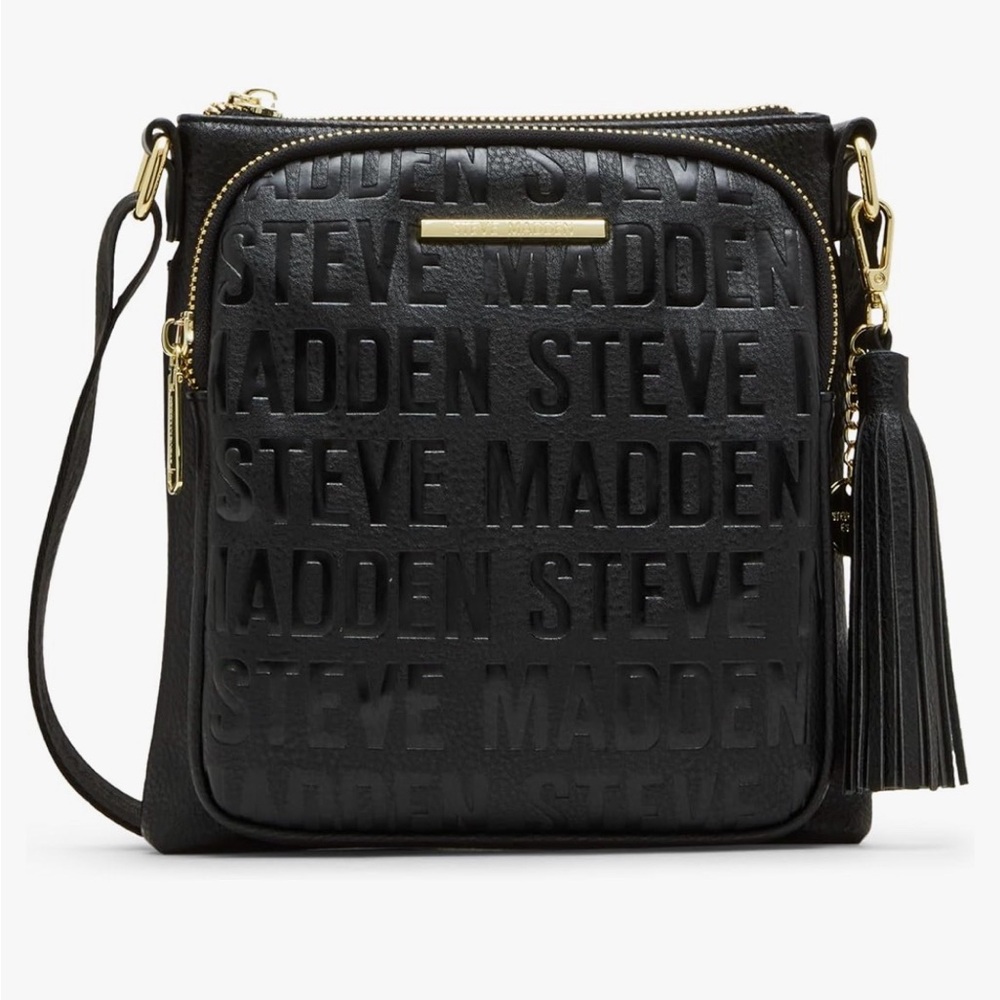 Steve Madden Black Embossed Crossbody with removable Gold Charm and Tassel